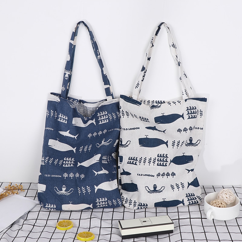 Durable 1 couche pas de doublure coton lin Shopping fourre-tout 1PC sac à bandoulière de transport imprimer baleine poulpe mer vie sacs à provisions