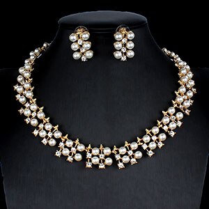 jiayijiaduo Imitation pearl jewelry set for women dress accessories necklace earrings set engagement girl gold color: 1