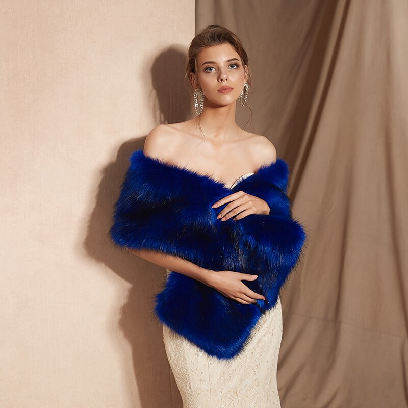 JaneVini bleu Royal hiver fausse Fourrure châle enveloppe de mariée cape femmes boléro Fourrure haussement d'épaules vêtements d'extérieur chauds accessoires de mariage