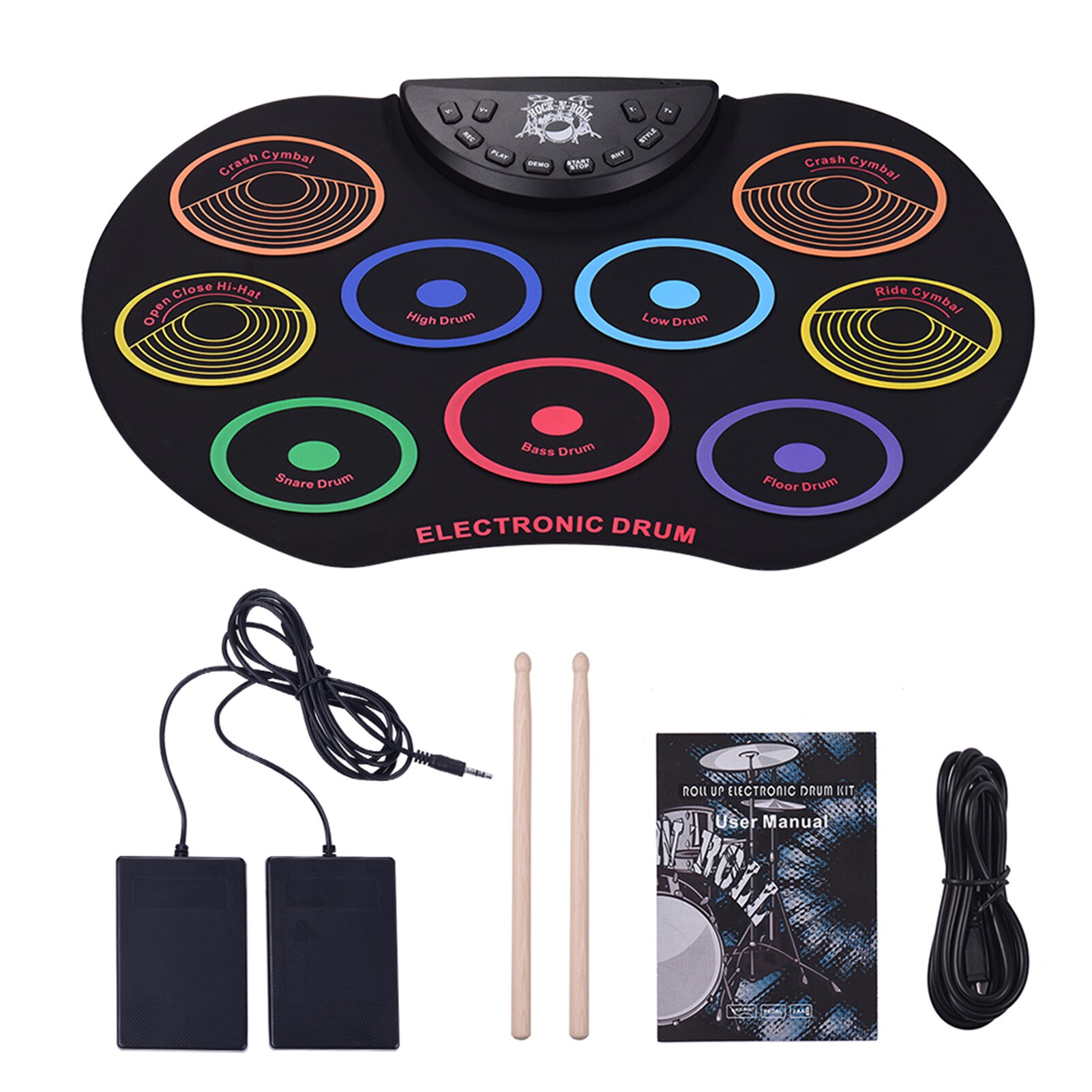 A Series of USB Roll-Up Silicon Drum Set Digital Electronic Drum Kit 7 Drum Pads with Drumsticks Foot Pedals for Beginners: Type C
