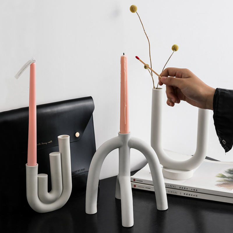 Candelabro de cerámica nórdico, portavelas blanco en forma de U, soporte de vela escandinavo para sala de estar, adorno para el hogar