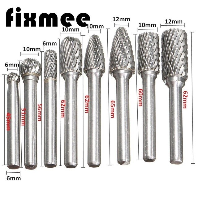 8 st/set volframkarbid borrkrona 1/4 tum 6mm roterande skärfiler cnc gravyrset dubbla roterande verktyg