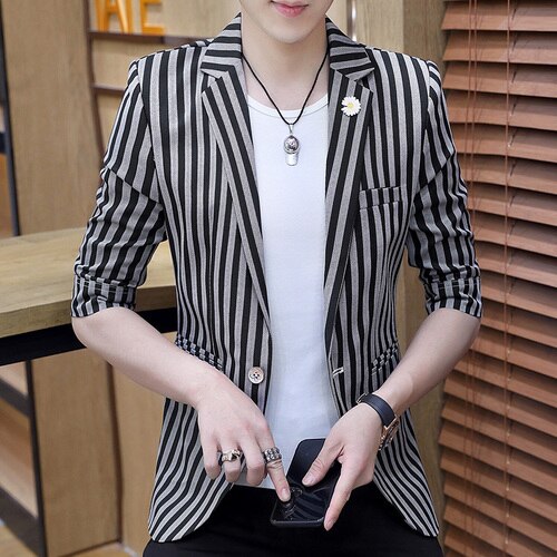 Summer Blazer Masculino Short Sleeve Striped Men Blazers Wedding Business Casual Suit Jacket Streetwear Social Men Clothing: Black / XL