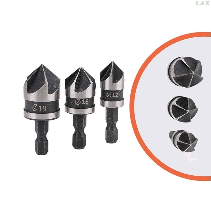 3pcs/set 90 Degree 1/4 Hex Drill Rod 5 Flute 12mm 16mm 19mm Wood Debur Counter