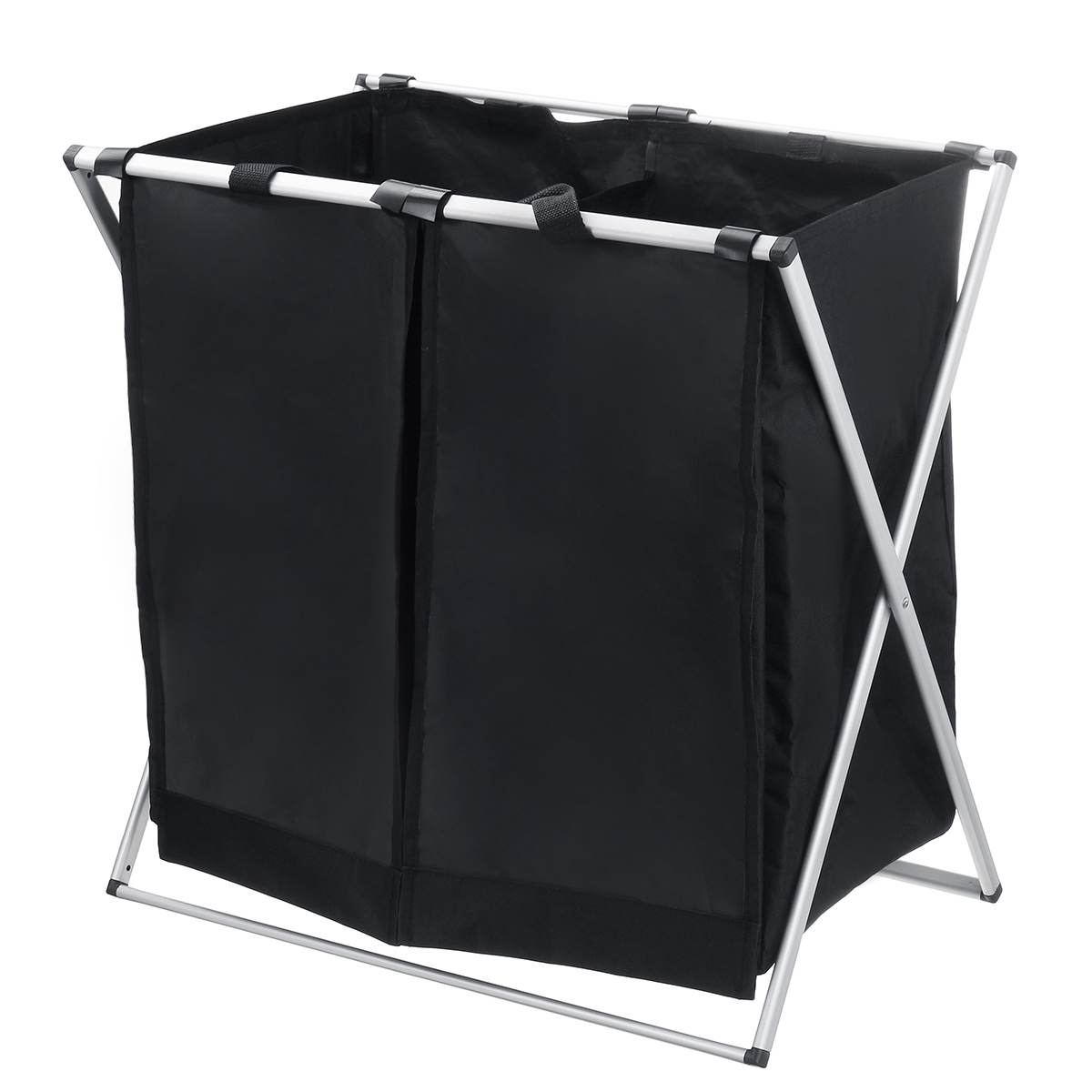 X Shape Folding Laundry Basket With Handle Collapsible 2 Section 600D Oxford Laundry Hamper Dirty Clothes Organizer Sorter Bag: 2 Grids Black
