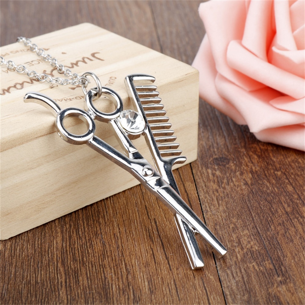 Beautician Hairdresser Necklace Scissors Comb Hairdresser Stylist Pendant Necklace for Women Men Pendant Jewelry