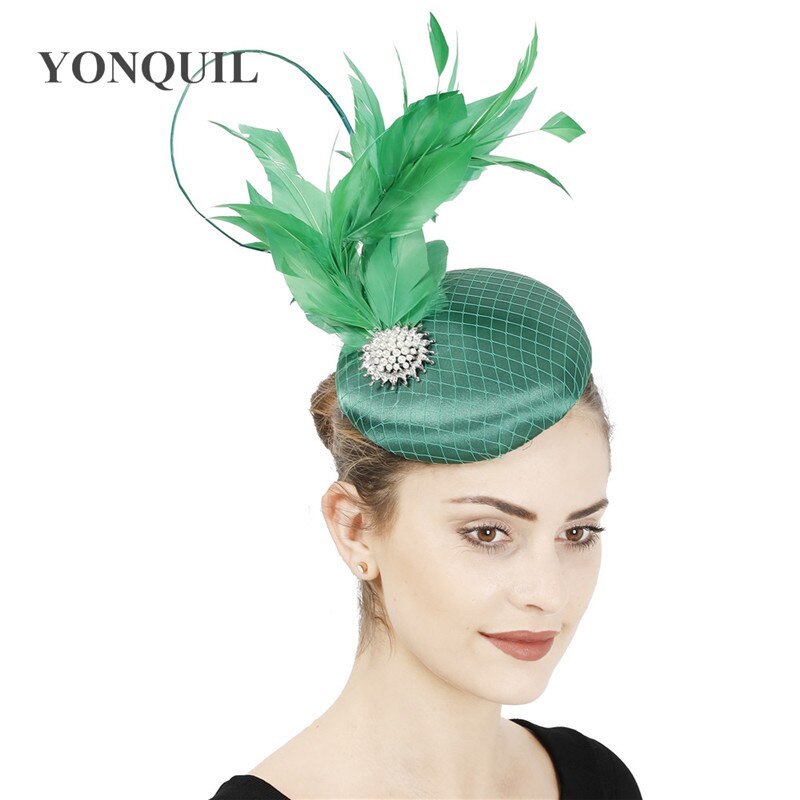 Satin Green Wedding Fascinator Hat Bridal Headpiece With Fancy Feather Hair Accessories Formal Chuch Occasion: green