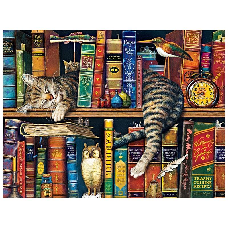 Lazy Cat – Puzzle de 1000 pièces, Puzzle de paysage de chat, étagère de bibliothèque, jouet d'assemblage à monter soi-même pour adultes et enfants: style 1