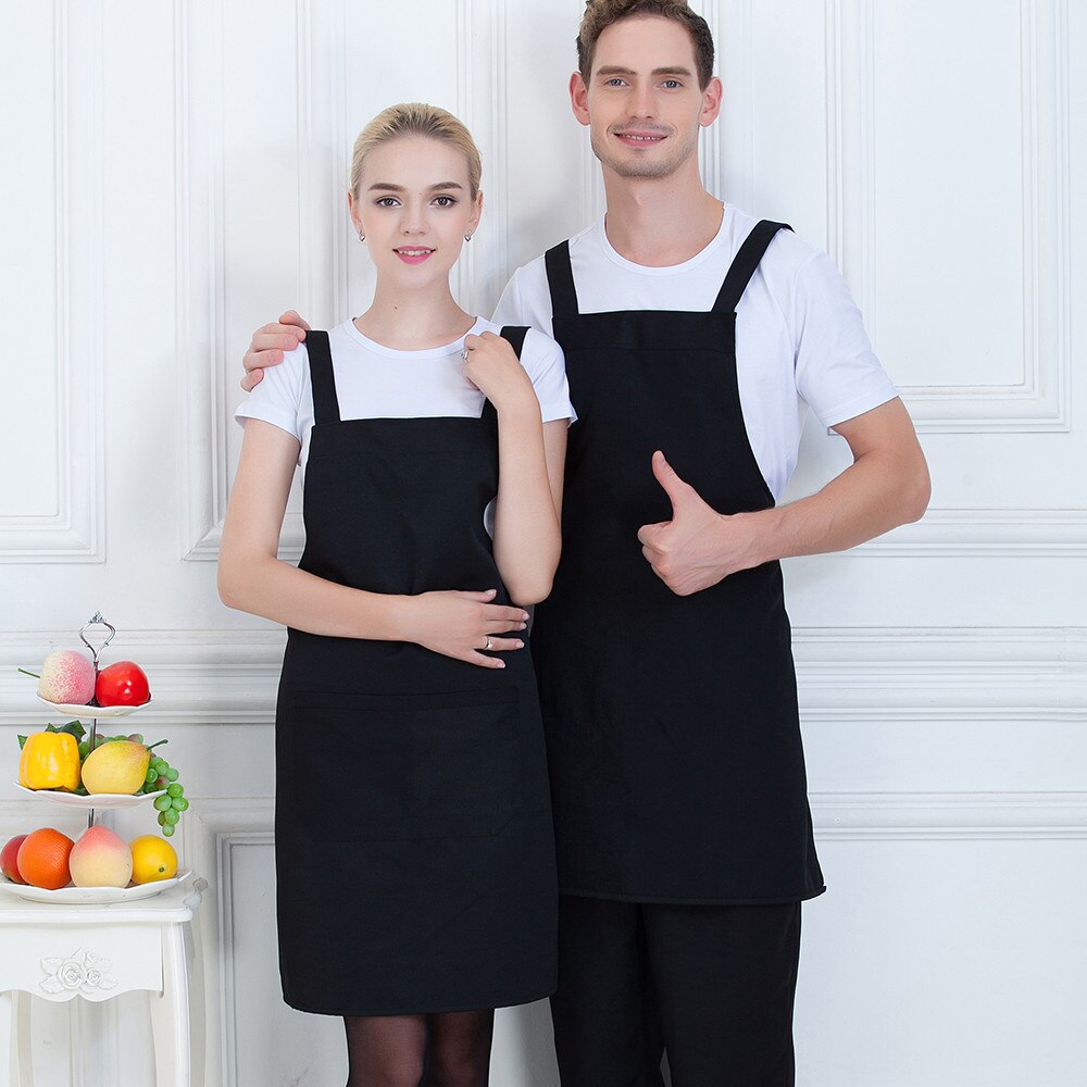 Unisex ren farve kok forklæde mad service restaurant køkken madlavning bbq catering kaffe tjener arbejdstøj uniform: Sort