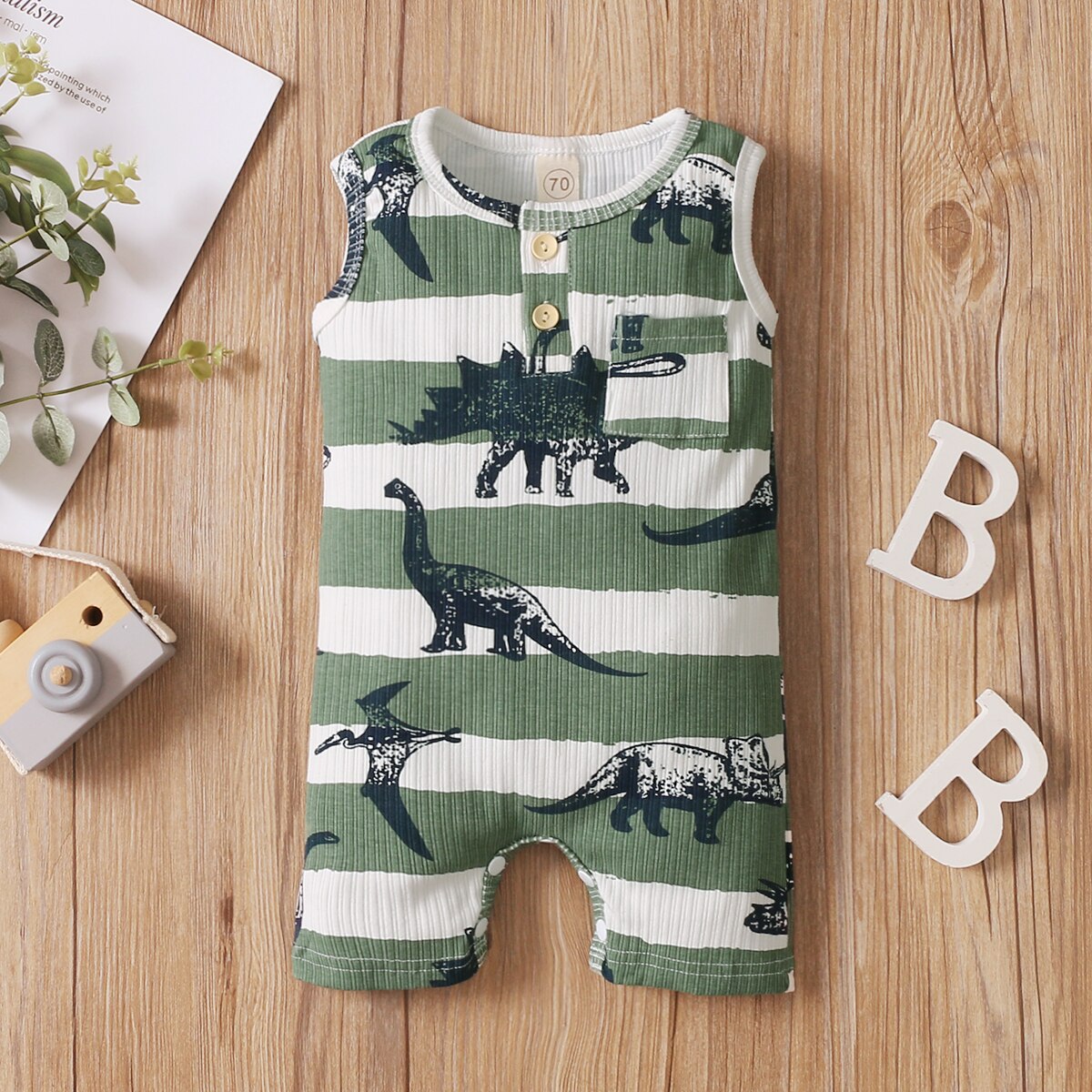 Citgeett sommer-strampler für jungen mit dinosaurier-drucken, ärmellos, rundhalsausschnitt, taschen