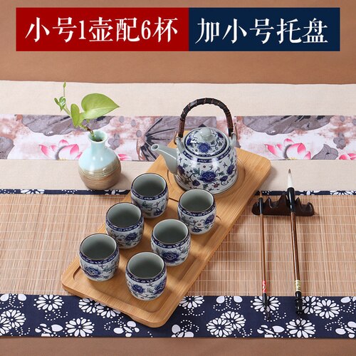 Kinesisk stil jingdezhen keramisk tekanna tekopp stor blå blomma porslinskanna filtrerad teflaska set hem te träbricka: Gryta liten 6 kopps bricka