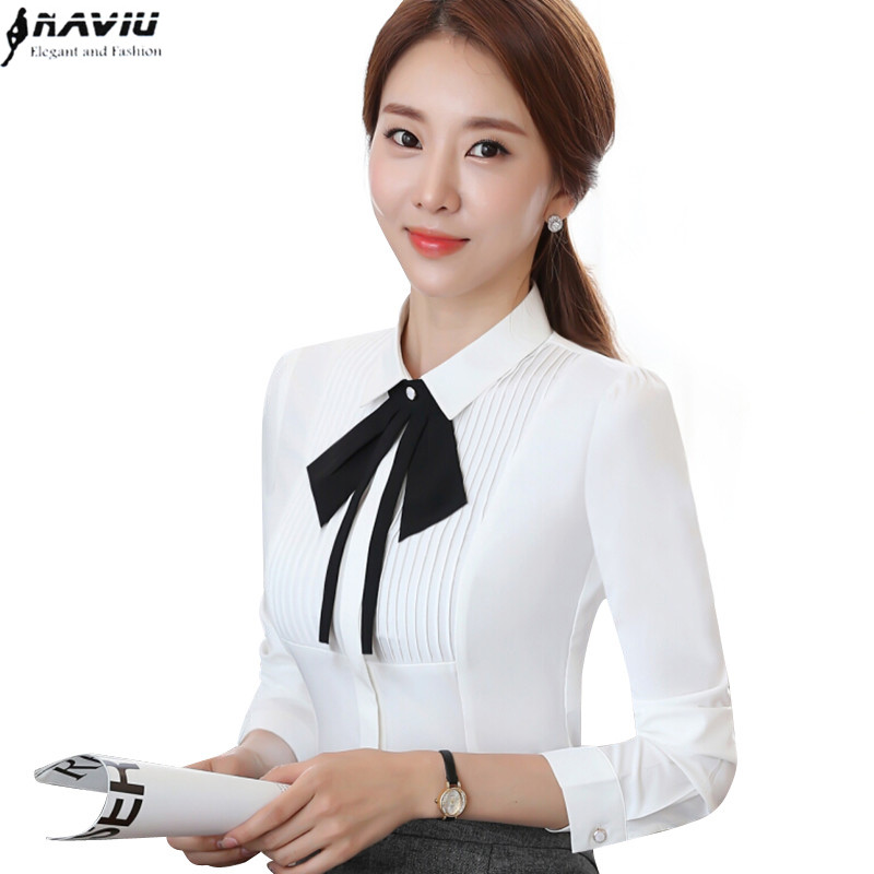 Camisa para mujer, blusa Formal de manga larga, ajustada, corbata moño de chifón, blusa blanca, ropa de trabajo de talla grande