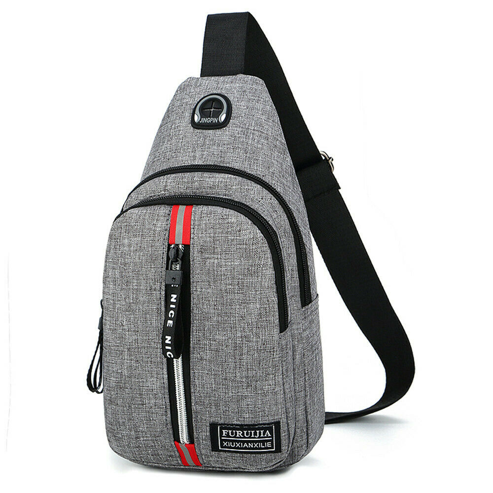 CANIS bolso de hombro para hombre Sling pecho Oxford USB carga deportes bandolera bolso: Gris
