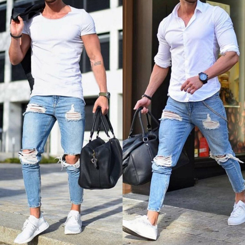 Männer Denim Schlauch strecken Zerstört Zerrissene Knöchel Hosen Reißverschluss Dünne Jeans Für Männer Plus Größe Jeans