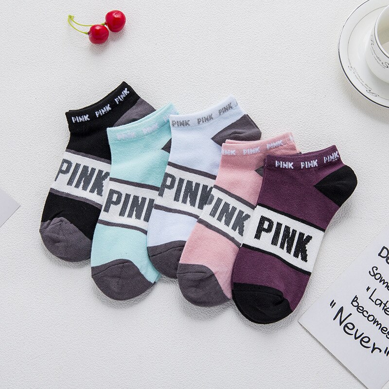 5 paar roze sokken met kleurrijke grappige sokken, roze letters, voetbalsokken, harajuku streetwear enkelsokken: 3