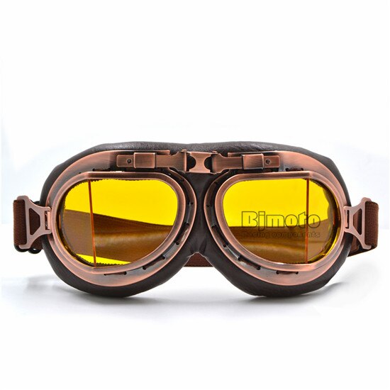 Motocross hjälm glasögon glasögon klar lins vintage för koppar skoter pilot biker läder för cafe racer dirt bike motorcykel: Gul lins