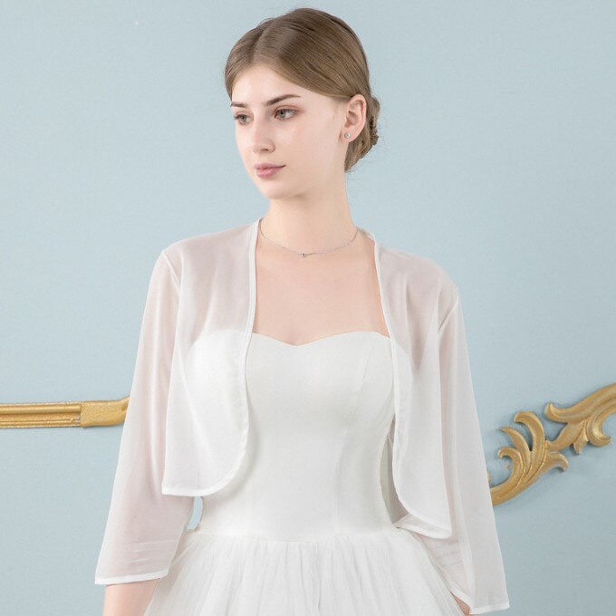 Champagner verrotten schwarz rosa grau Hochzeit Jacken wickelt Chiffon zucken Braut Bolero Jacke Mantel 3/4 Länge kappe Hülse Frauen Belero: Elfenbein