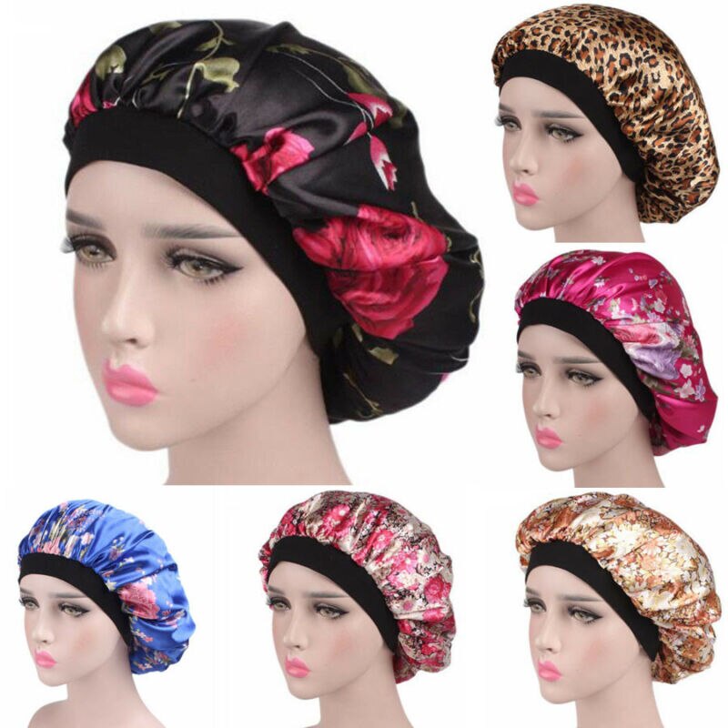 1pc kvinnor satin nattsömn mössa blommig leopardmönstrad nattmössa hår huva hatt siden huvudskydd breda elastiska party cosplay hattar