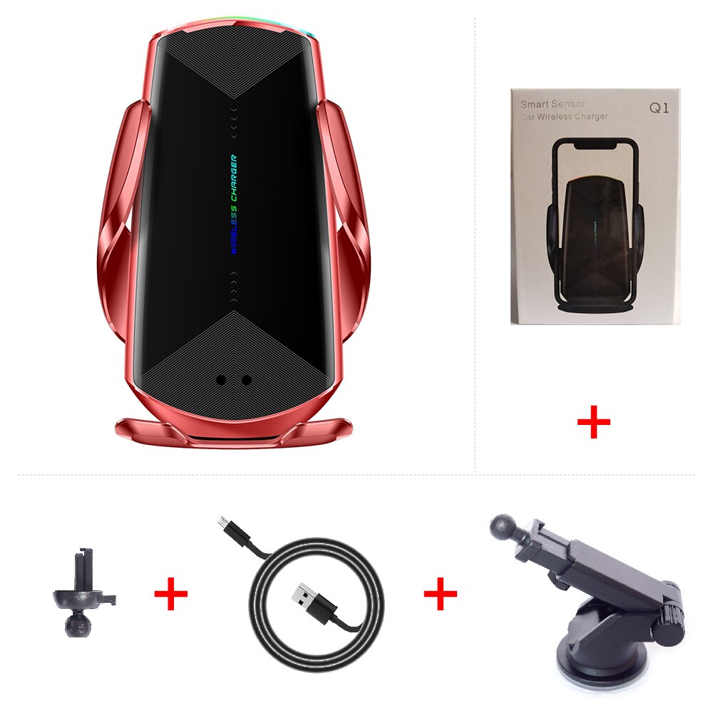 Qi Car Wireless Charger 15W Automatic Clamp Quick Charge foriphone 11 pro forHuawei P40 pro Mate30 pro Infrared Sensor Holder: Red add suction