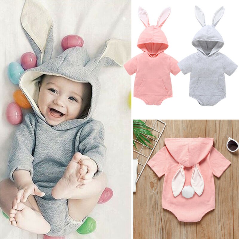 Baby sommer tøj spædbarn baby pige dreng påskehare ører hætte kortærmet bodysuit samlet solid pocket outfit