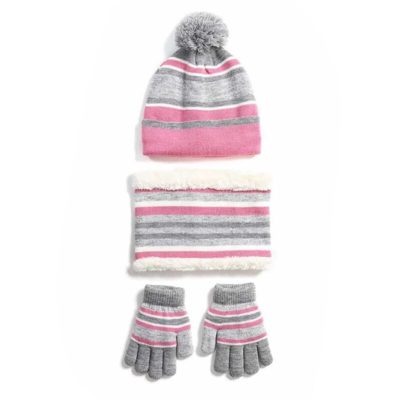 Bonnet, chapeau, écharpe, gants, ensemble de 3 pièces, tricot d'hiver pour enfants, couleur contrastée, rayé, peluche épaisse doublée, pompon, tête de mort: PK