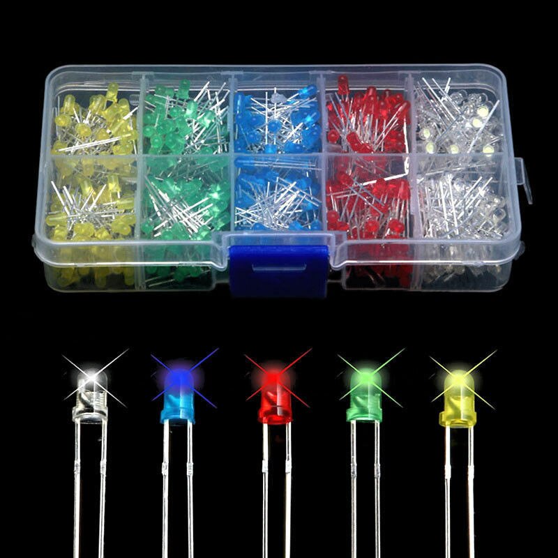 Caja de luz LED de 3mm, Kit de diodos surtidos de bricolaje, 5 colores variados, 500 Uds.