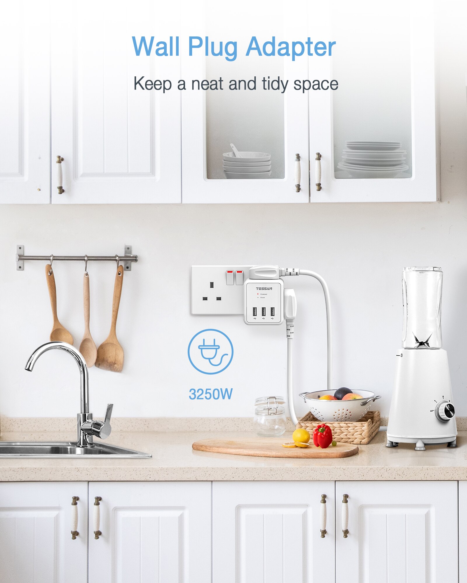 UK Power Strip with 3 USB Charging Ports and 2 Outlets Multi Sockets Wall Charger Electrical Plug 100-250V Adapter for Home