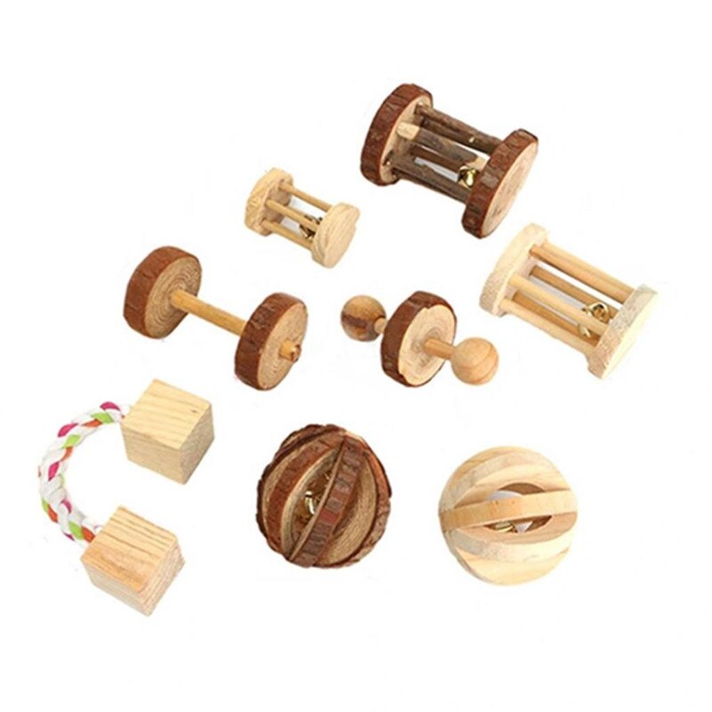 Hamster Natural Wooden Wood Molar Chew Toys Pine Dumbbells Unicycle Bell Roller Toys for Guinea Rat Small Pet Molars Supplies