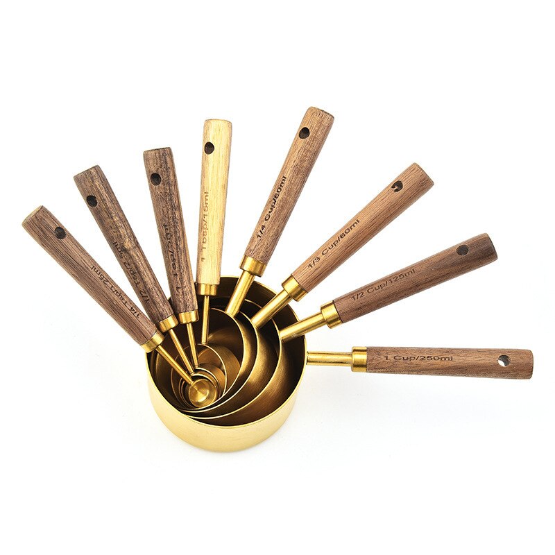 8PCS Kitchen Measuring Baking Tool Copper Plating Measuring Cup Wooden Handle Gold Measuring Cups Cake Sugar Measuring Spoon Set