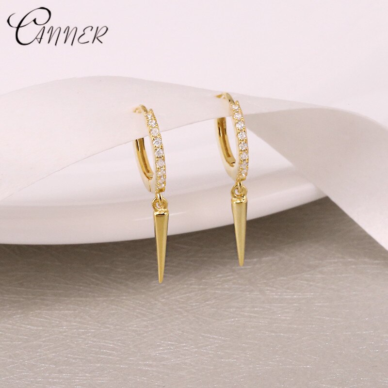 CANNER Punk Style Women's Earrings 100% 925 Sterling Silver Rivet Pendant Hoop Earrings for Women Single Row Crystal Earrings