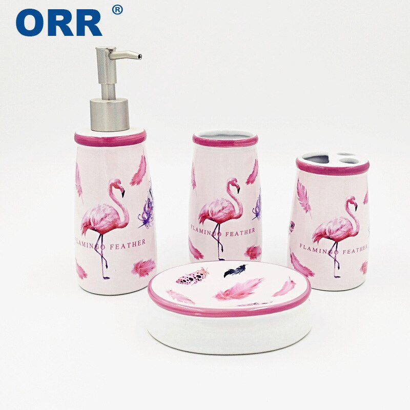 Ceramic Bathroom set Flamingo accessories 4pcs toilet brush toothbrush cup soap dish dispenser ORR