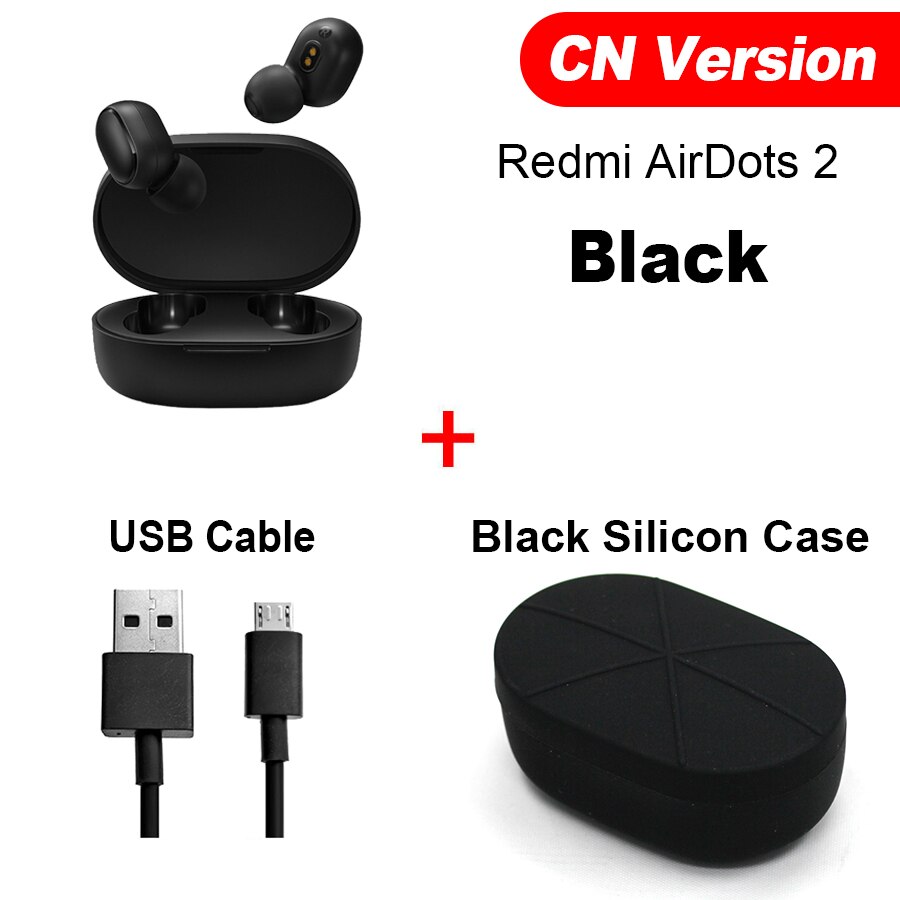 Xiaomi Redmi Airdots 2 TWS Bluetooth Wireless Earphone Stereo bass Earbuds Voice Control BT 5.0 Noise Reduction Tap AI Control: CN Cable Black Case