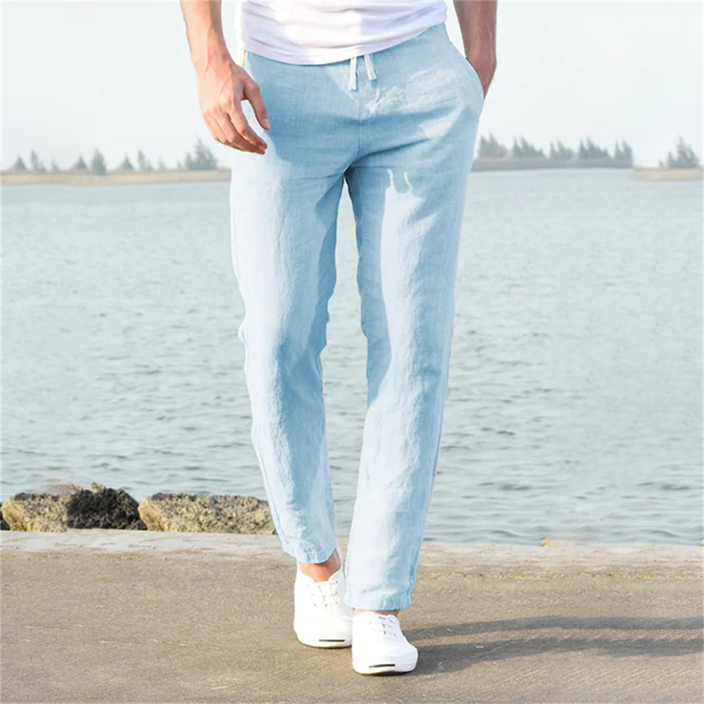 Men's Cotton Linen Pants Male Autumn Breathable Solid Color Linen Trousers Fitness Streetwear S-3XL: L / Blue