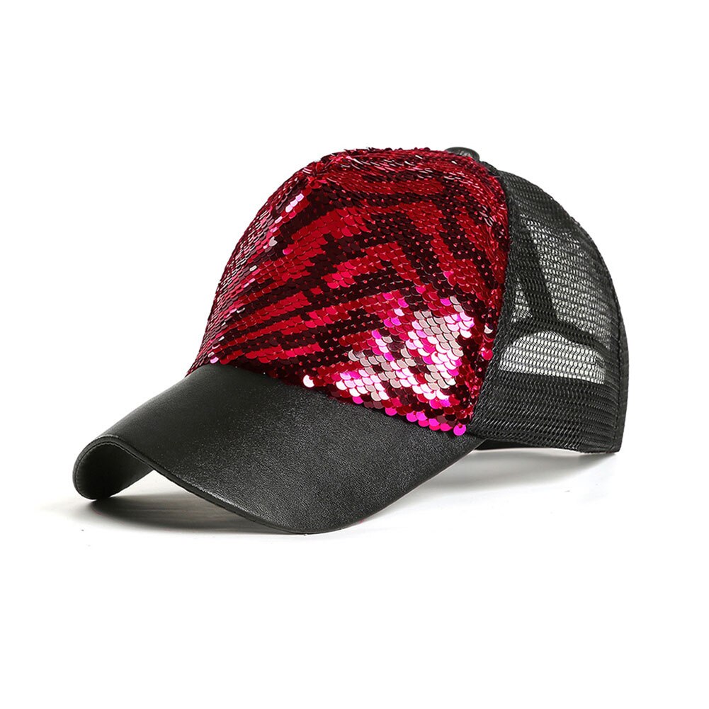 Mannen Vrouwen Baseball Hoed Dubbele Kleur Zebra-Streep Mermaid Pailletten Mesh Casual Cap -MX8: Rood