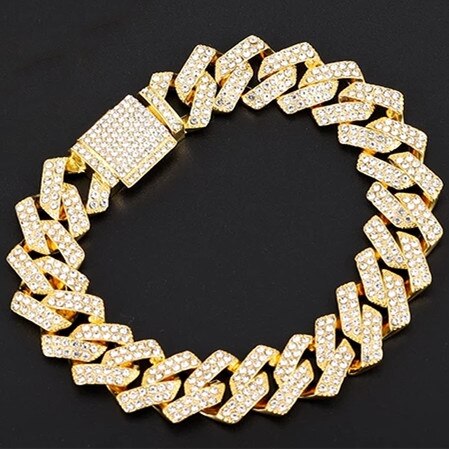 Iced Out Cubaanse Ketting Armband Hip Hop Sieraden Gouden Ketting Silver Rhinestone Cz Sluiting Voor Mens Rapper Bedelarmband Vrouwen links: GOLD