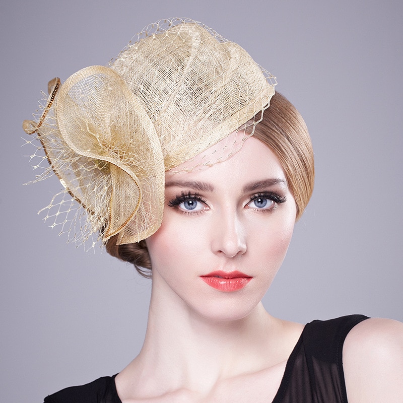 Champagne Gold Big Flower Fascinator Hats Ladies Women Wedding Evening Party Net Caps