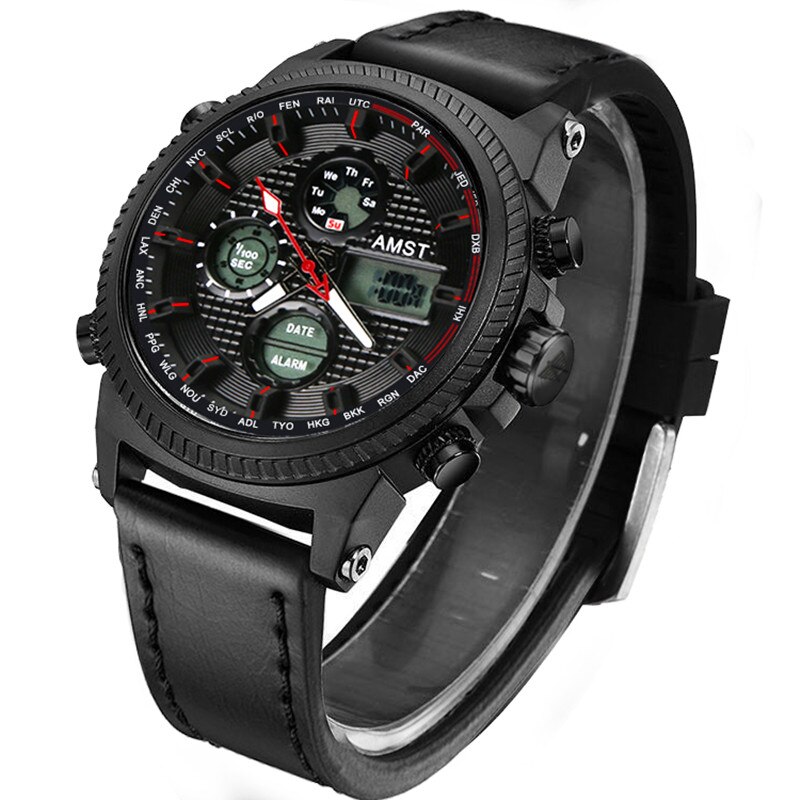 Relojes militares AMST de 50M, Relojes LED con correa de cuero resistente al agua, relojes de cuarzo de lujo de la mejor para hombre, reloj Masculino