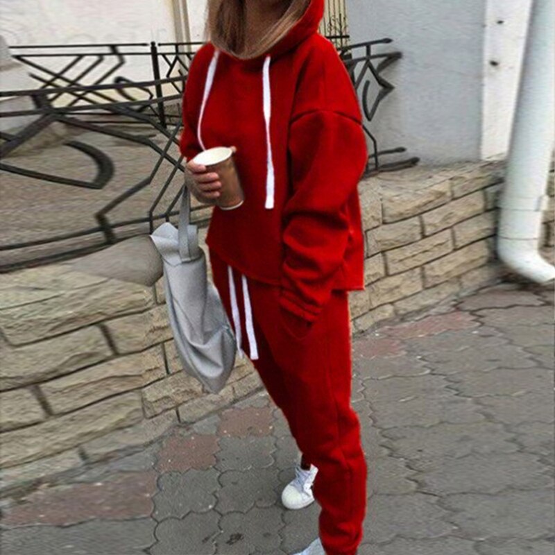 Vrouwen 2 Stuk Outfits-Effen Pullover Trainingspakken Lange Mouw Sweatshirt Skinny Lange Broek Fitness Trainingspak Set: red / M