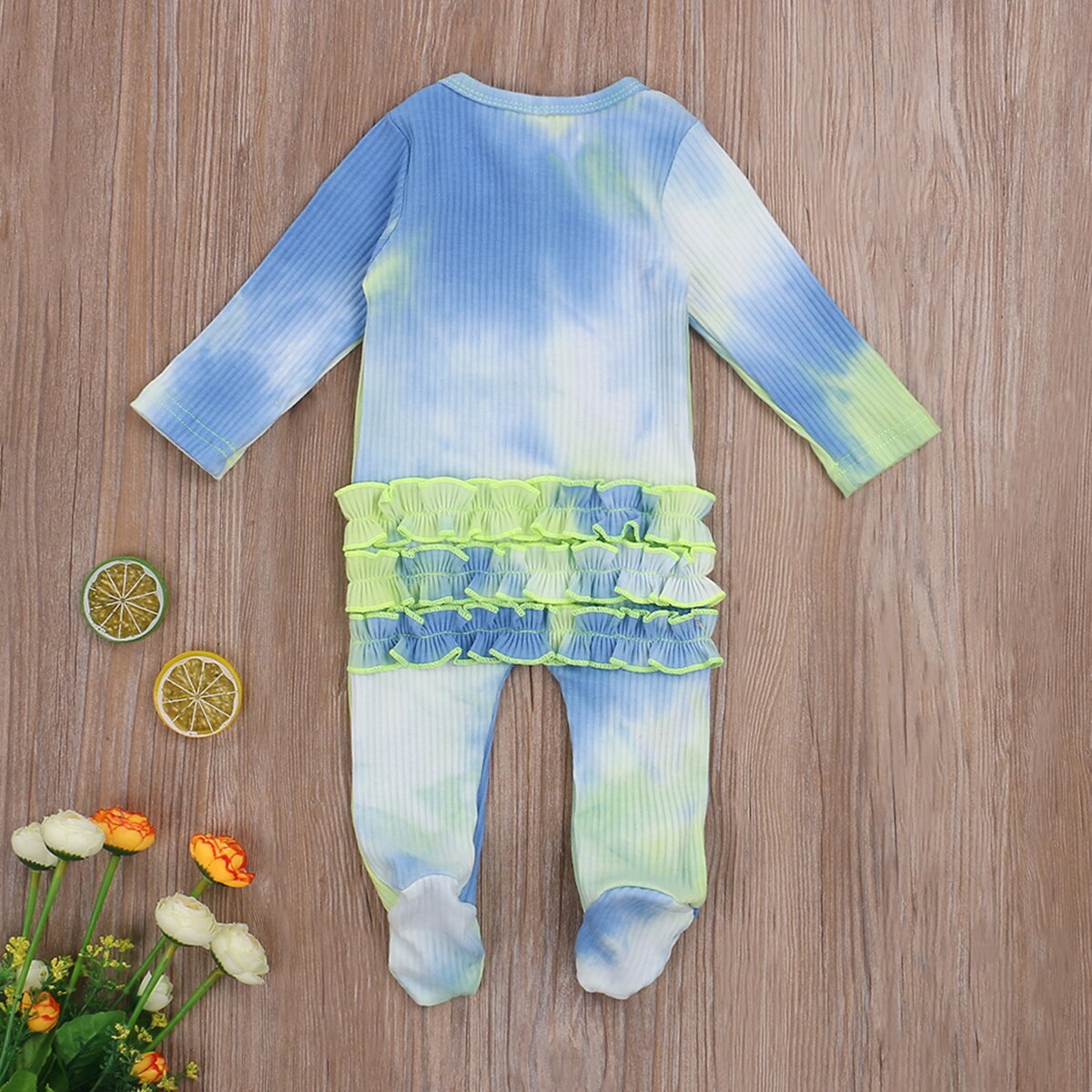 0-6M Pasgeboren Baby Meisjes Jongens Geribbelde Romper Baby Tie-Dye Print Lange Mouwen Ronde Hals Ruche betaalde Rits Jumpsuit