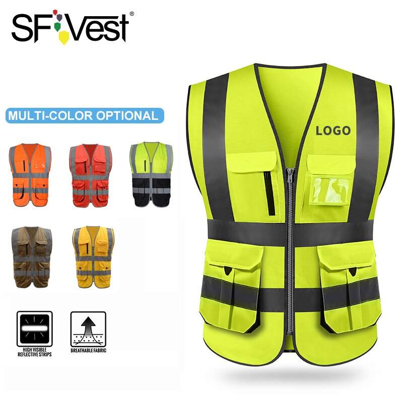 SFVest High visibility reflective safety vest safety Clothing work reflective vest multi pockets workwear safety waistcoat men
