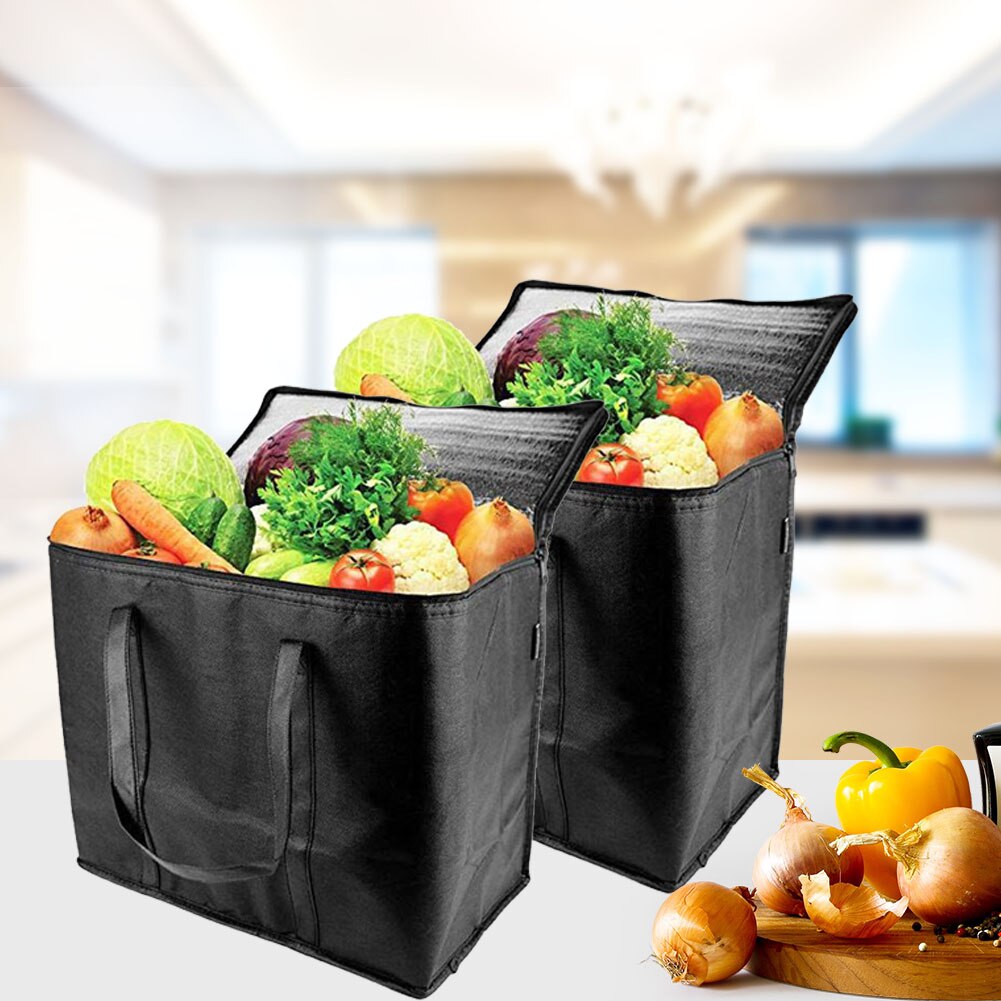 2pcs Large Capacity Foldable Reusable Portable Insulated Grocery Bags Washable Reinforced Bottom Free Standing Zipper Closure