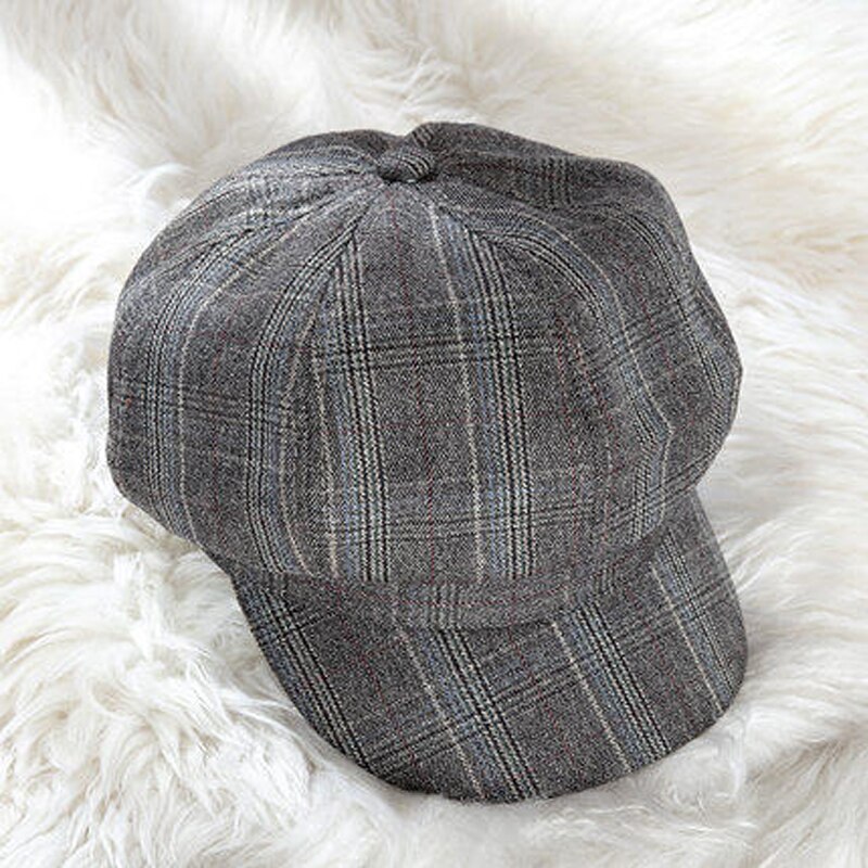 Foux-gorros de tela escocesa para mujer, boina octogonal de cuero con cuerda ajustable a rayas, estilo coreano, para verano,: Gris