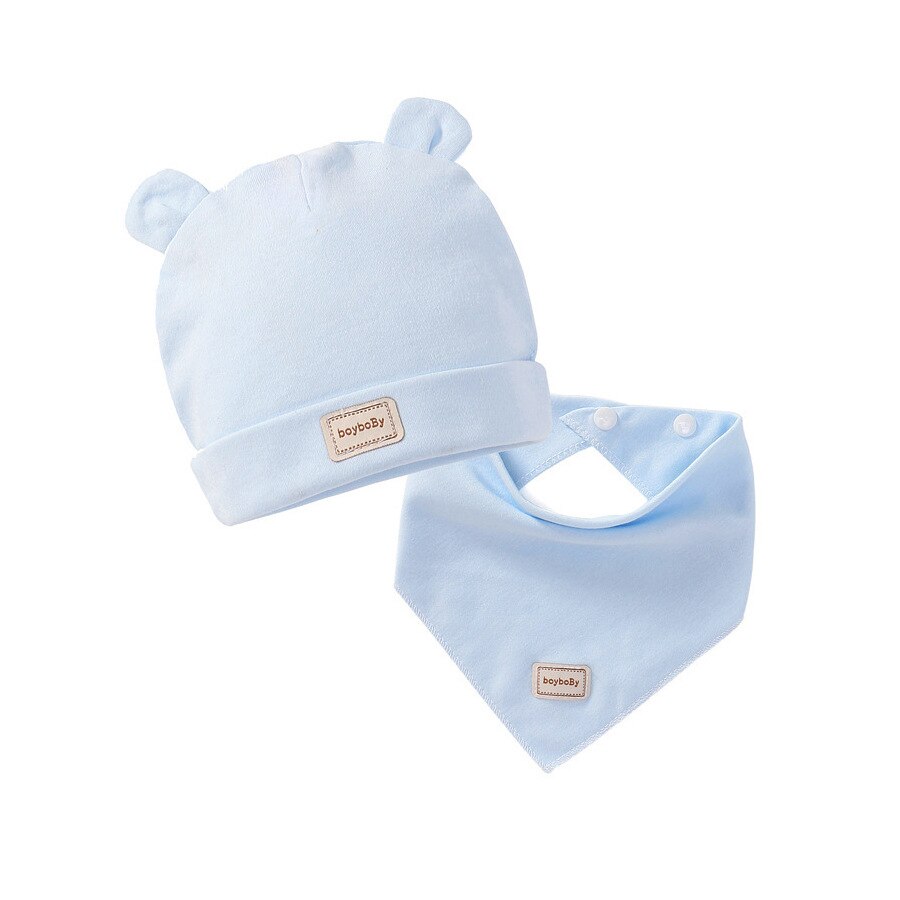 0-3Month Baby Hoed Slabbetjes Jongen Meisje Mutsen Leuke Pure Kleur Oren Motorkap Baby Hoeden Peuter Kids Katoen Kwijlen Handdoek Outdoor cap: Bear - blue