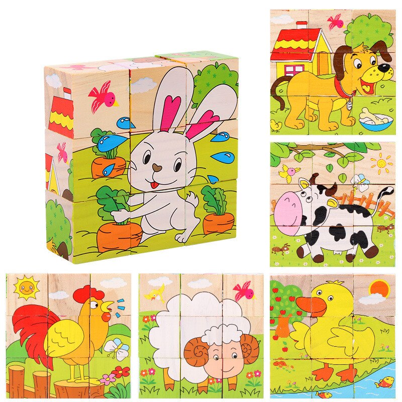 Baby Houten Blok Speelgoed Kinderen Zes Side 3D Cube Jigsaw Games Animal Fruit Verkeer Cognize Vroeg Leren Educatief Speelgoed: Farm animals