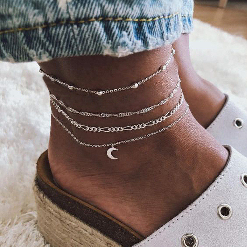Vintage Maan Zilveren Enkelbanden Set voor Vrouwen Multilayer Barefoot Sandalen Enkelband op Been Chain Boho Enkelband Beach Voet Sieraden