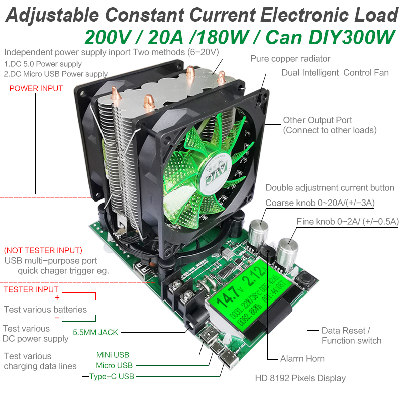 180W Digital battery capacity tester power supply indicator dc 12V electronic load 18650 discharger resistor usb check test