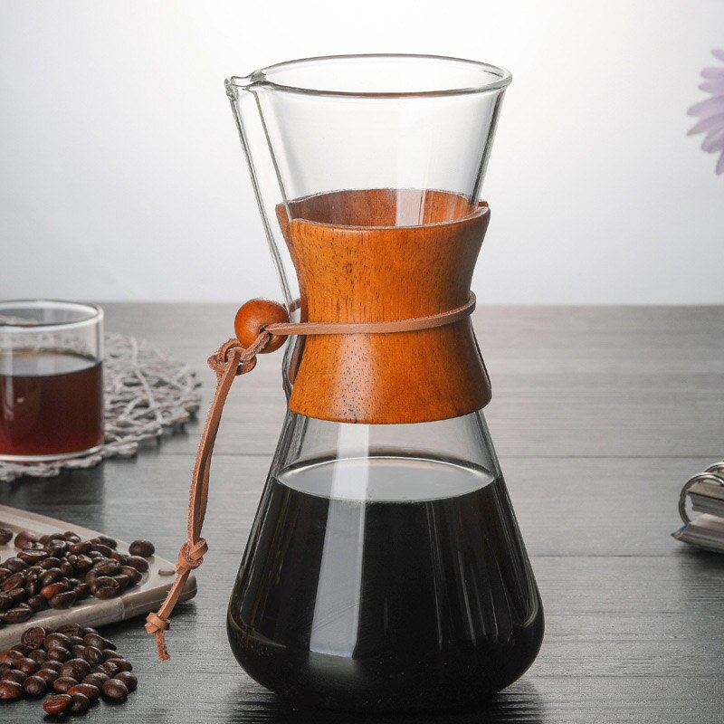 Klassisk glas kaffekanna  v60 droppare med trähandtag häll över kaffebryggare espresso kaffe droppkokare barista verktyg: 600ml