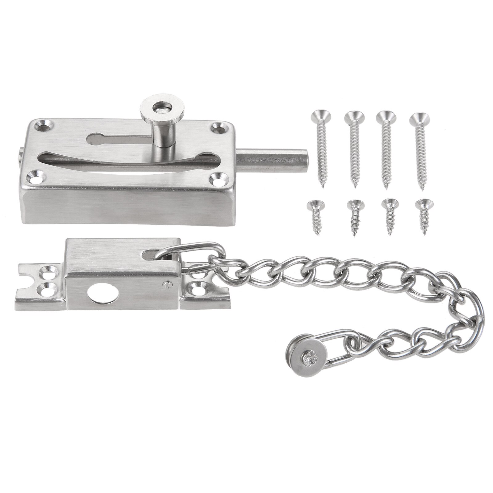 1kit Door Bolt Sturdy Safe Guard Lock + Anti-Theft Chain Stainless Steel Gate Security Heavy Latch Catcher w/screw Hardware