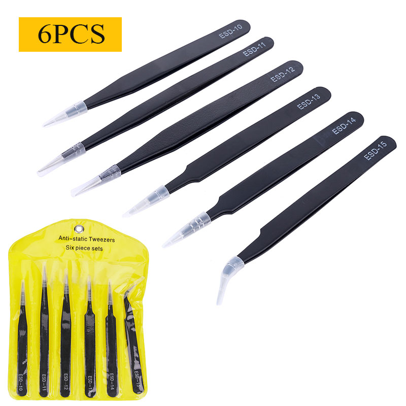 Juego de pinzas de precisión ESD, herramientas de reparación de pinzas antiestáticas de acero inoxidable para reparación electrónica, herramientas artesanales de soldadura, 6 uds.: Default Title