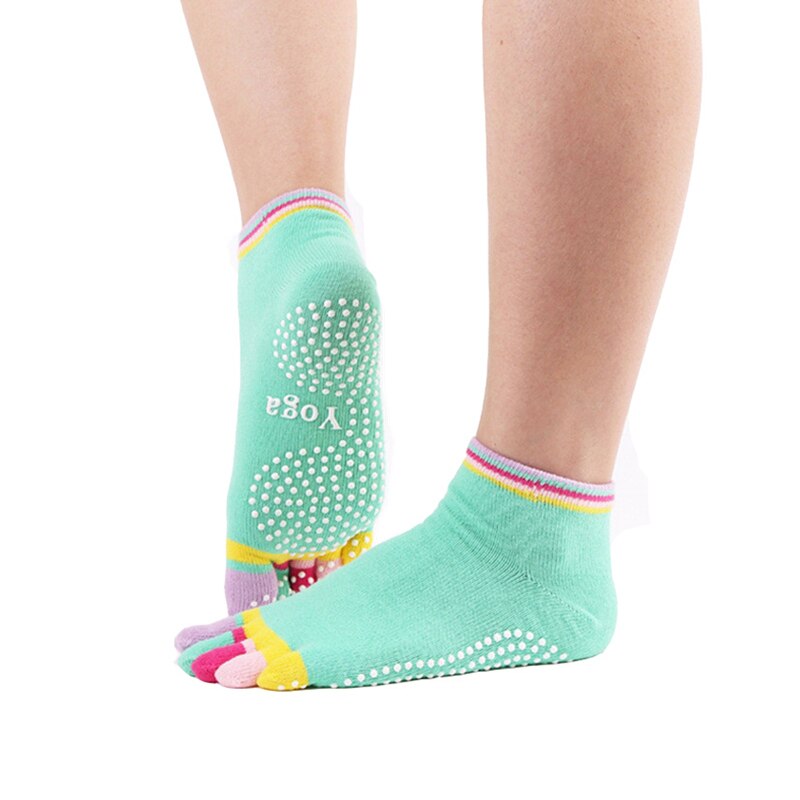 Chaussettes de Yoga à cinq doigts pour femmes, antidérapantes, colorées, en coton, avec poignées et points en Silicone antidérapants, tailles 34 à 39, paire/lot: Green